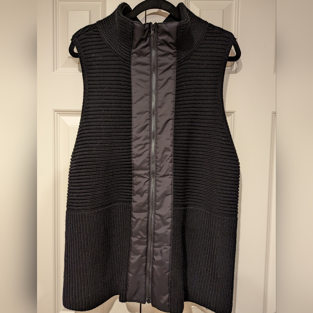 NWT Eileen Fisher Women 1X Black 100% Merino Rib Sweater Vest with Parka Trim